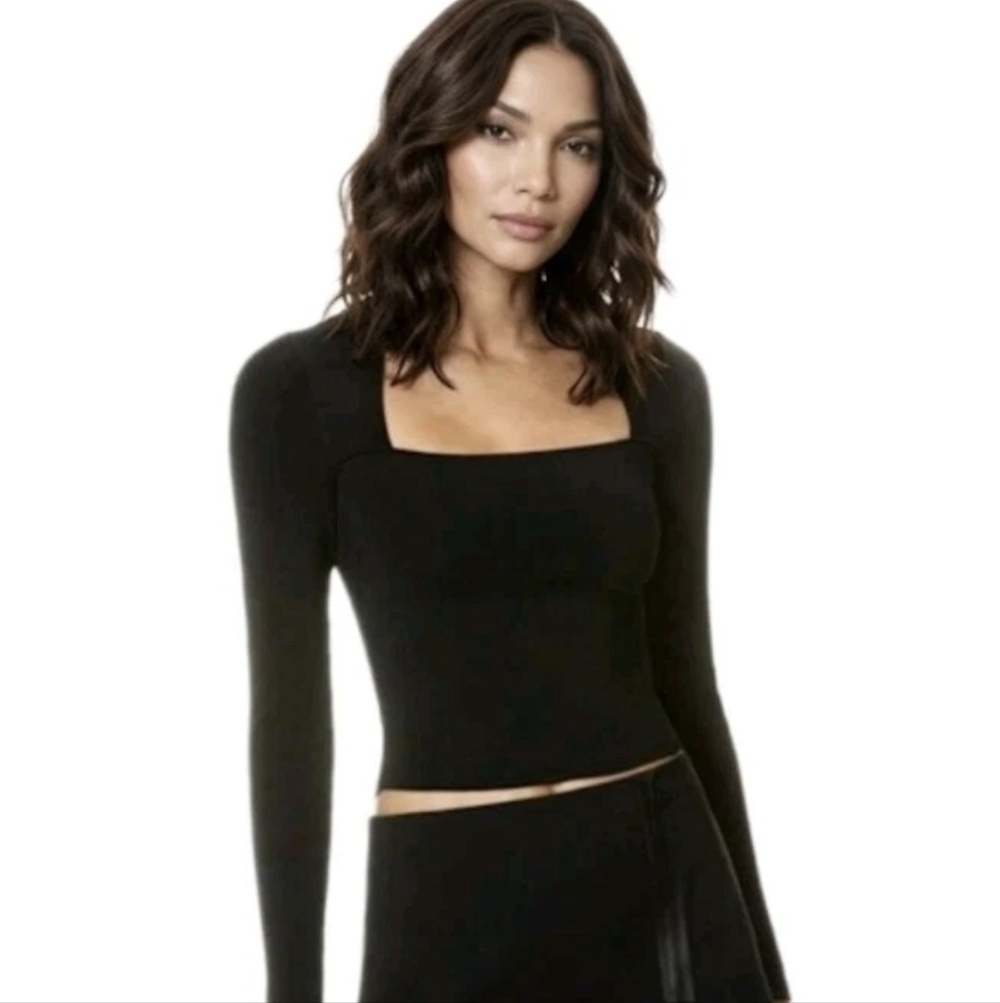 Alice + Olivia Ricarda Square Neck Long Sleeve Black Top Size S.